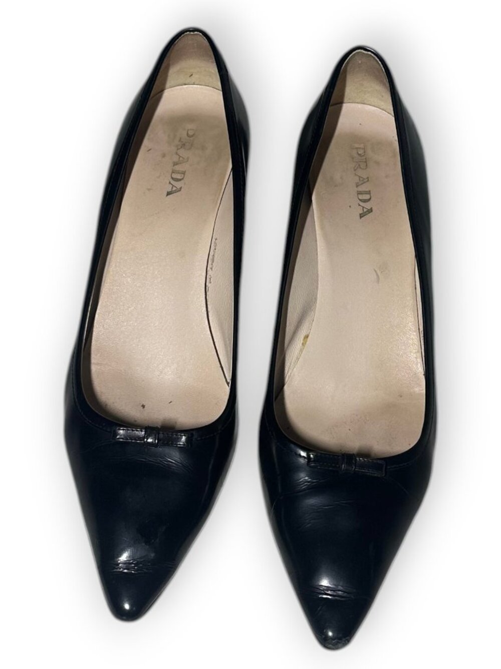 Vintage Prada Black Leather Pointed Toe Bow Kitten Heels - EU 39 / US 9 - Picture 2 of 3
